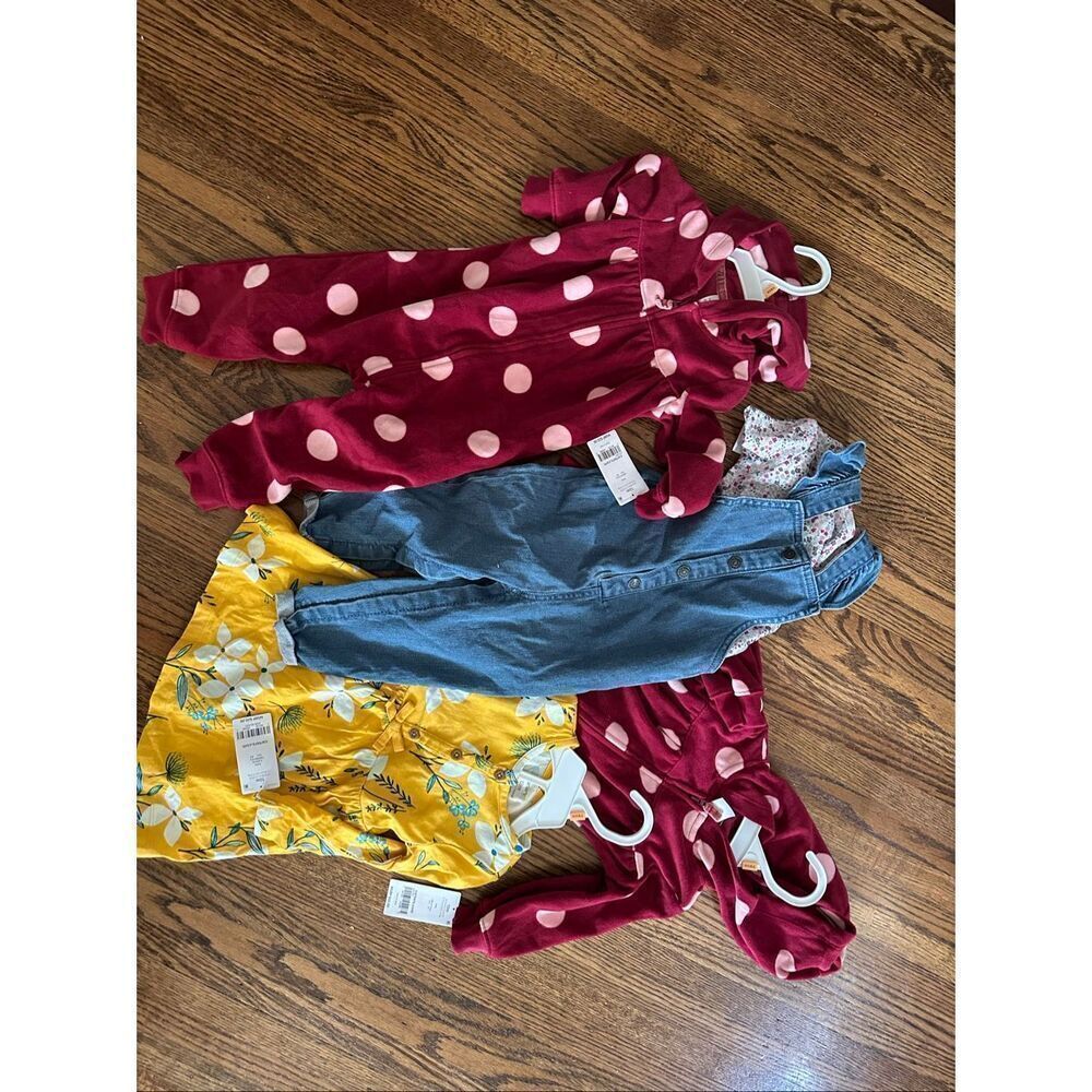 Carter’s bundle 12 months girl fleece pajamas, overalls and dress 4 pieces